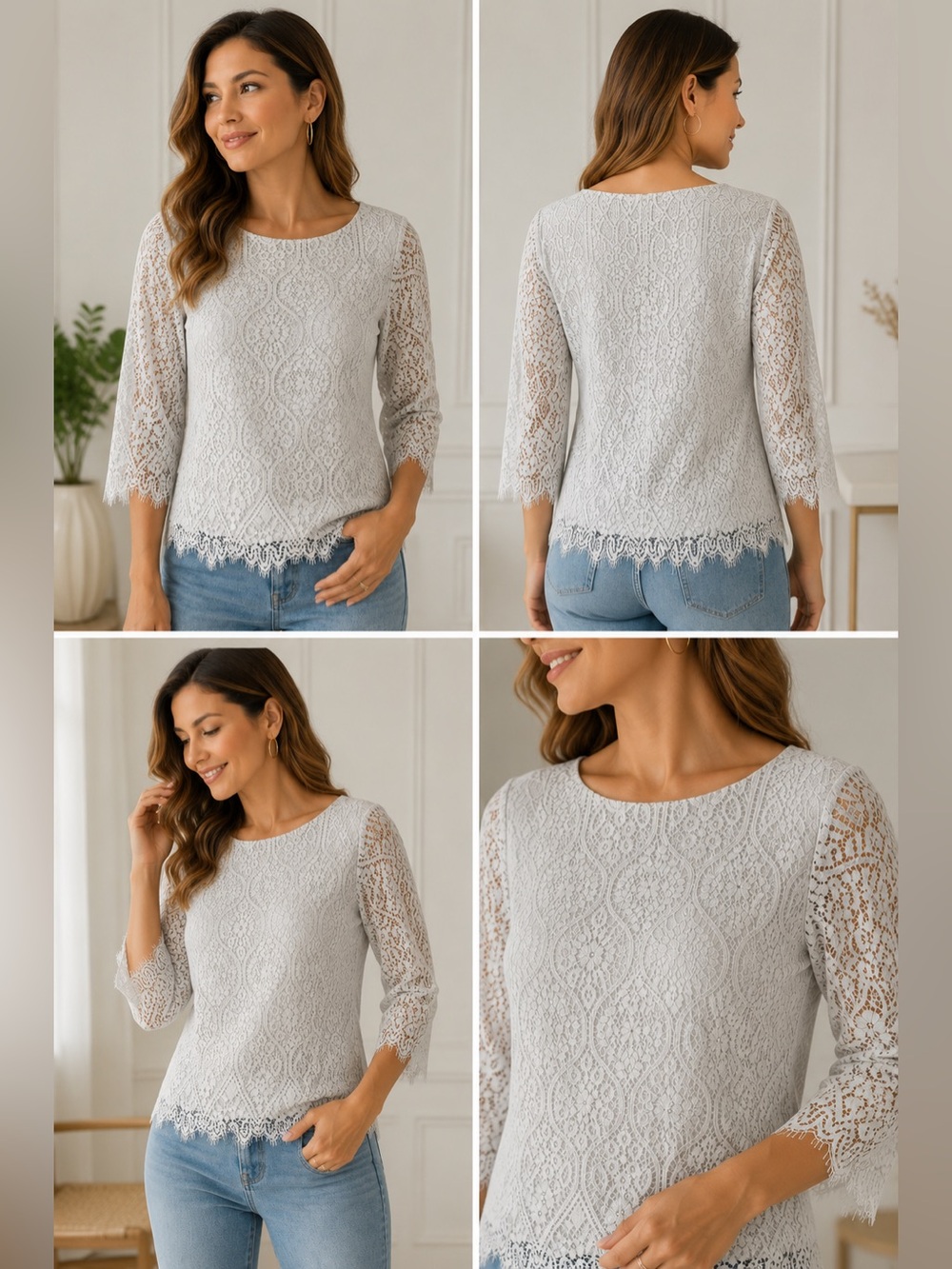 Adrianna Papell Womens 3/4 Sleeve Blouse Light Grey Lace Size S Small